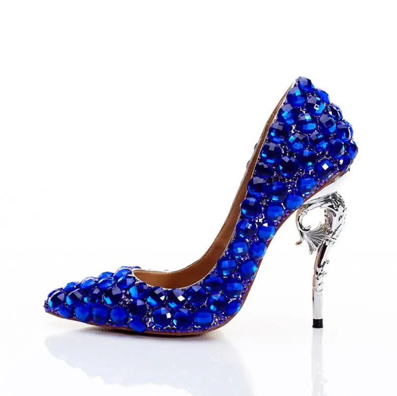 Estilete Moda Mujeres Boca Altos Personalizado Del Zapatos Solo De Sexy Tacones Baja Cristal Las Azul La Novia U8qxpCwUE
