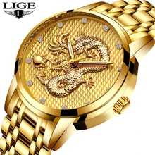 2019 Men Watches Top Brand LIGE Luxury Gold Dragon Sculpture Quartz Watch Men Full Steel Waterproof Wristwatch relogio masculino guanqin dragon watch men gold quartz wristwatch luxury brand waterproof male clock steel watches for men relogio masculino