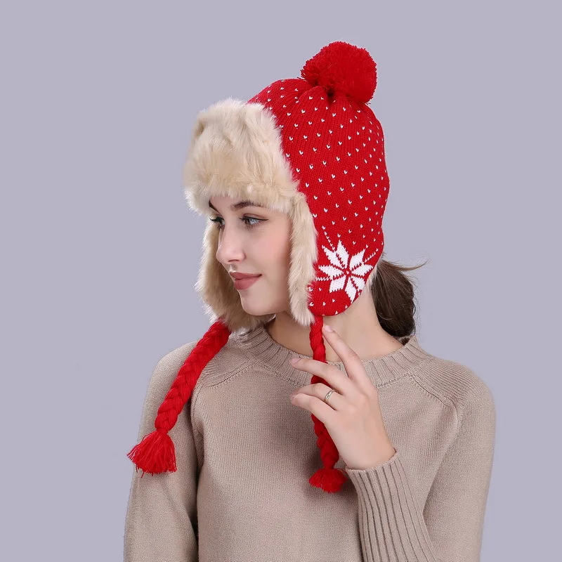 

Lady Warm Pompom Fur Hat Girls Flower Earprotection Cap Outdoor Autumn and Winter Knitting Wool Cap Students Winter Hat B-8557