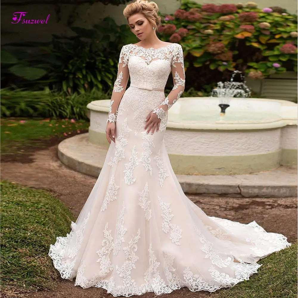 

Fsuzwel Gorgeous Court Train Appliques Mermaid Wedding Dresses 2020 Elegant Scoop Neck Lace Up Long Sleeve Bridal Gown Plus Size