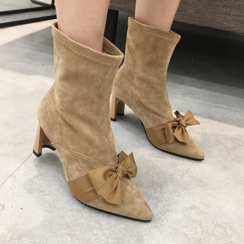 

Women Ankle Boots Sexy Pointed Toe Stilettos High Heel Shoes Fashion Bow-Knot Women Short Boots Black Suede Women Autumn Boots