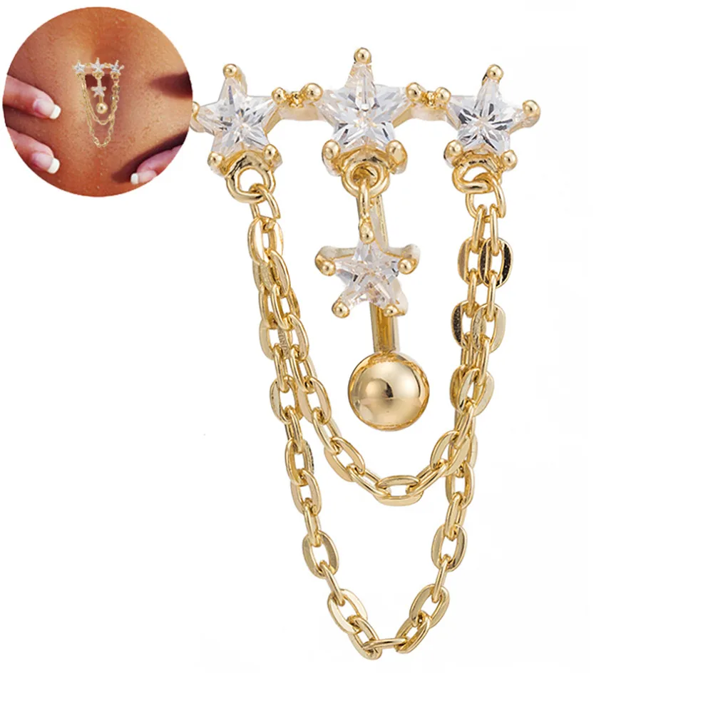 2019 Pěticípá hvězda Zlatá barva Navel Chain Cubic Zirconia Ring Percing Belly Body Jewelry Piercing Belly Button Rings