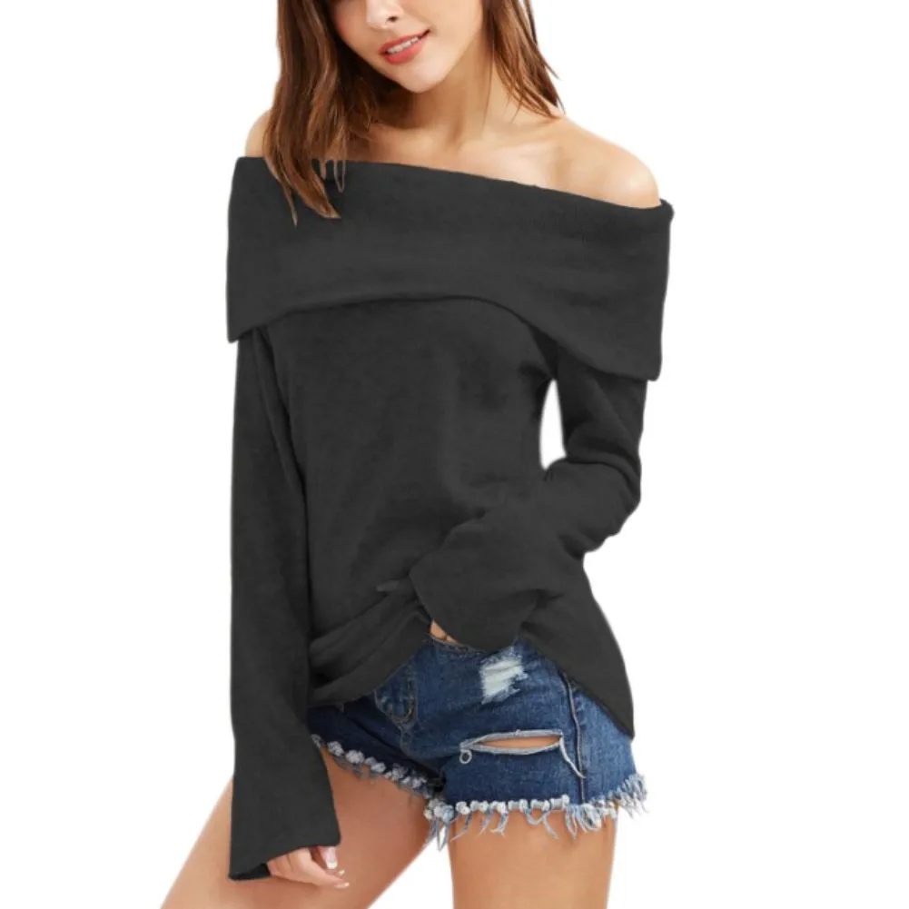 Female Solid Color Pullover 2018 New Sexy Long Sleeve Off Shoulder Tops Winter Warm Slim Knit Sweater Fashion Women | Женская одежда
