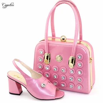 

Elegant pink with stones sandal shoes and handbag set for wedding/party 8101 heel height 8.6cm