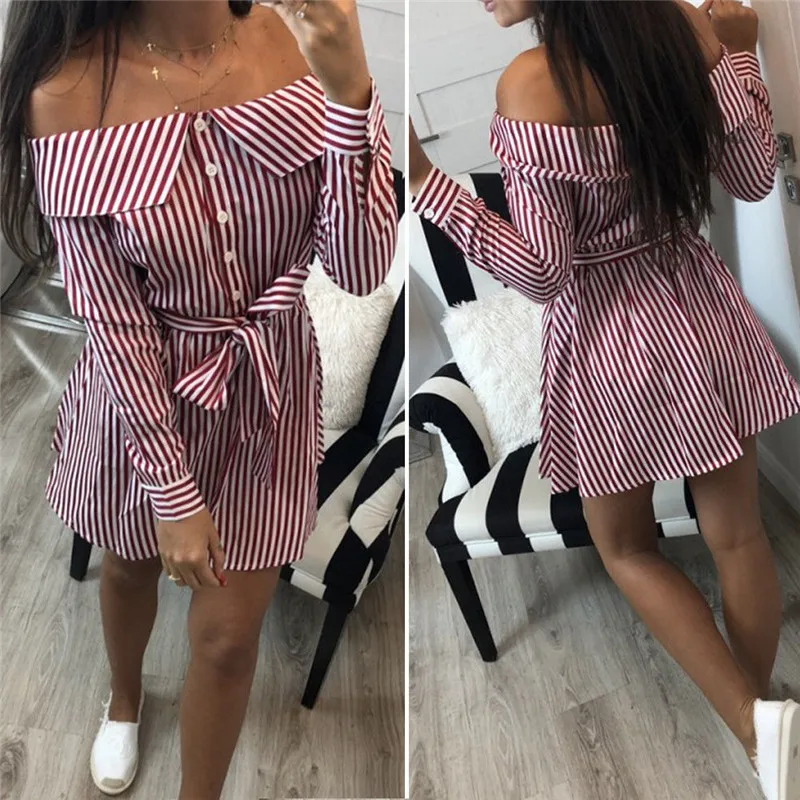 

Trendy Summer Women dress Off Shoulder Ladies Button striped bandage long sleeve Casual Loose Mini Dresses one pieces