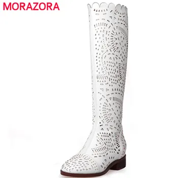 

MORAZORA 2020 Summer new fashion boots cut-outs knee high boots PU soft leather square heels sexy women cool boots