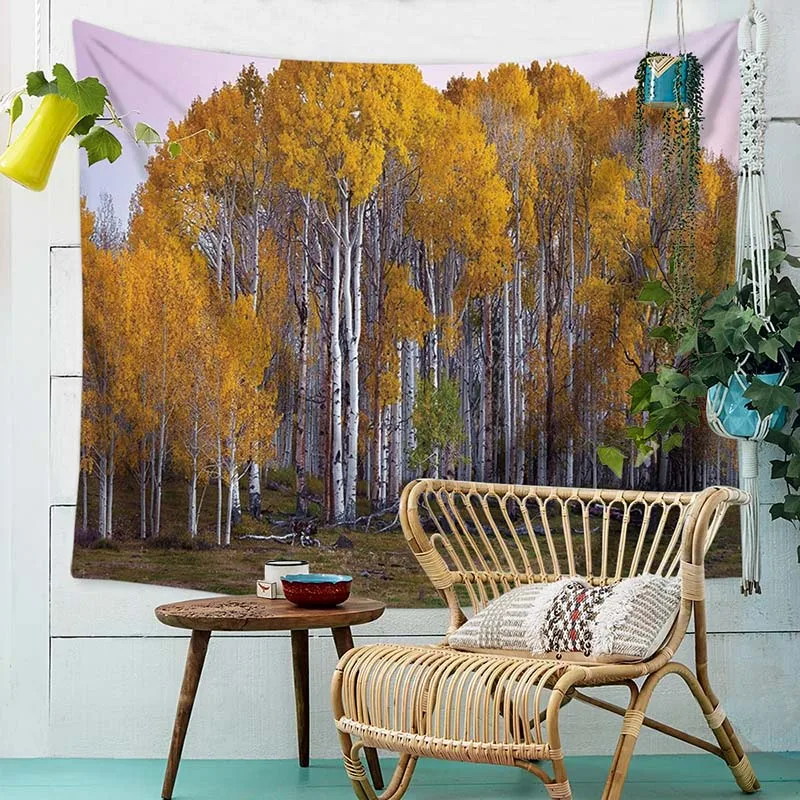 

Yellow Leaves Tapestry Landscape Print Wall Hanging Boho Yoga Mat Wall Decoration Wall Cloth Bed Cover