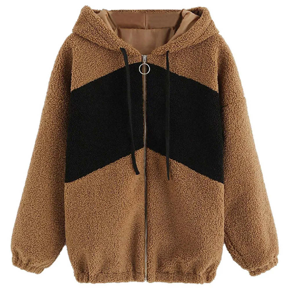 

Coat Women Jacket Casual Long Sleeve Fleece Hooded Zipper Patchwork Loose Jacket Outerwear for Women Coat chaqueta mujer A8