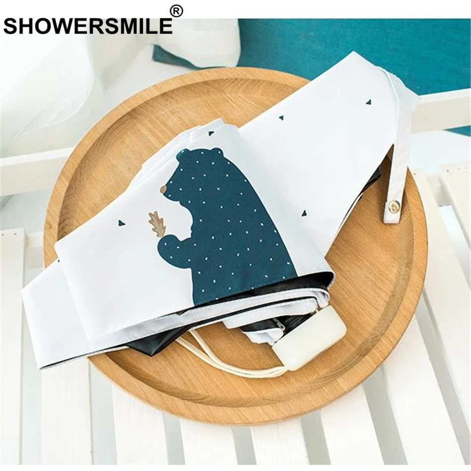 

SHOWERSMILE Small Fashion Folding Umbrella Bear Print Mini Parapluie Portable Sun Parasol Ultra Light Blue White Ladies Umbrella