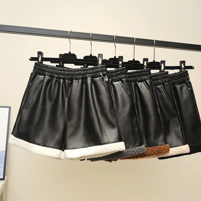 

NORMOV Women Autumn And Winter PU Leather Shorts Warm Lambswool High Waist Loose Shorts Solid Color Casual Pockets Short