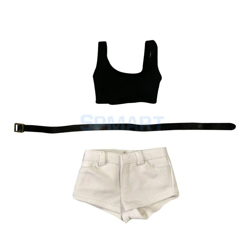 1/6 Scale Black Low-cut Vest Denim Jeans Shorts Belt Set Fit 12