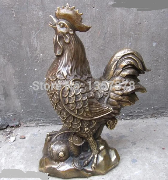 

shitou 00385 12"Chinese Bronze Carved Luck Money Rooster Statue