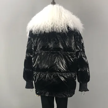

Women Down Jacket Winter 2019 White Duck Down Coats Sliver Puffer Parka Real Wool Collar Jackets Female Glossy Waterproof Jacket