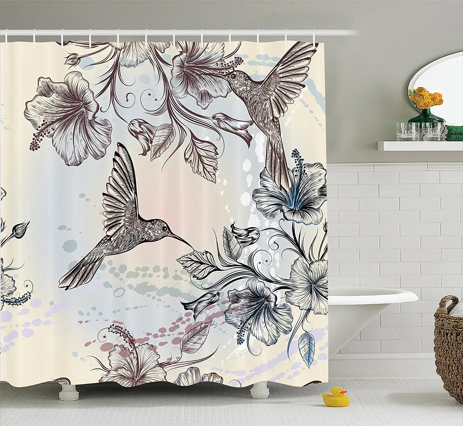 Hummingbirds Decorations Shower Curtain Birds And Hibiscus Flowers