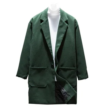 

2019 Fashion New Men's Casual Long Woolen Blends Coat / Men's Solid Color Pocket Design Trench Jacket