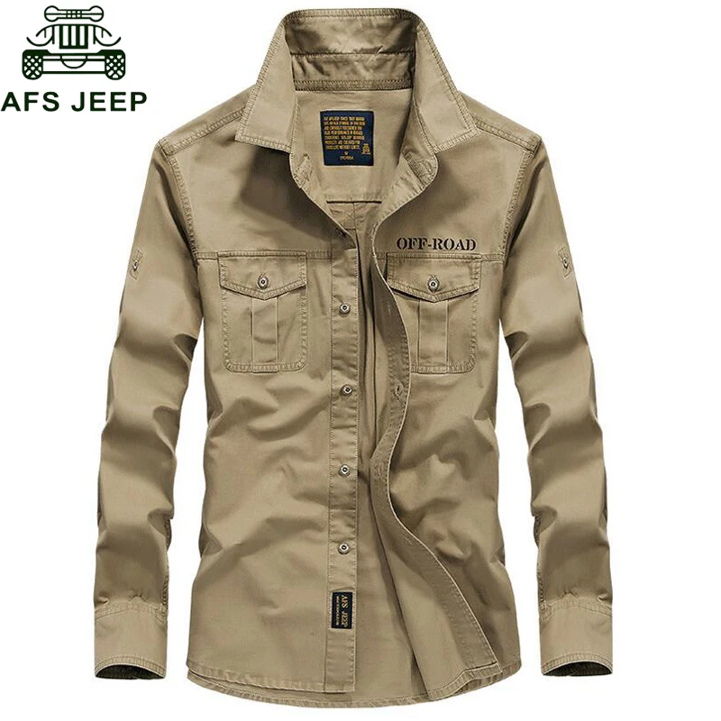Günstig AFS Jeep Marke Frühling Autum Militär Shirt Männer 100% Baumwolle Langarm Armee Shirts Camisetas hombre Plus Größe 4XL Chemise homme