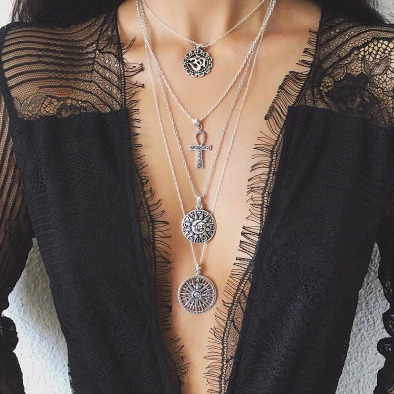 

Punk Women Necklace Om Cross Tarot Pattern Compass Pendant Multilayer Silver Necklace Set Lady Personalized Jewelry Accessories