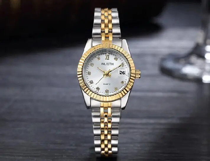 Gold White For Lady WLISTH Топ Бренд роскошные золотые часы леди для мужчин Lover Полный нержавеющая сталь Кварцевые водонепроницаемые Мужские Аналоговые Авто Дата clcok - Цвет: Gold White For Lady