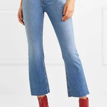 Хлопок Смесь синий Высокая талия микро-расклешенные джинсы Особенности с потертой отделкой- Новейшие женские/женские стильные джинсовые девять штанов