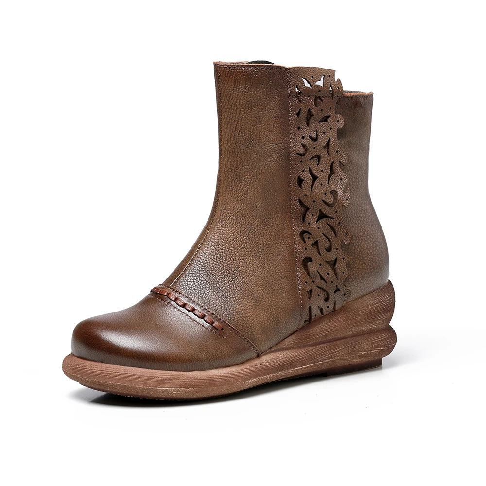 Women Genuine Leather Boots Spring Autumn Handmade Short Wedges Boot Ladies High Top Shoes Fashion Mother Ankle 355-2 | Обувь