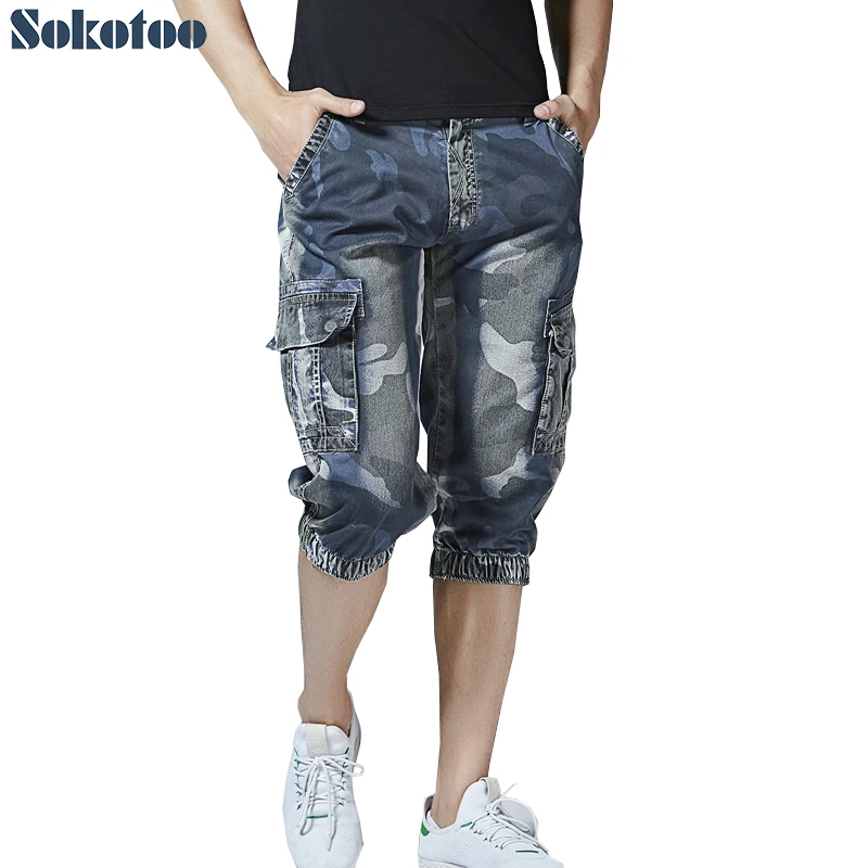 Sokotoo, мужские летние камуфляжные шорты с принтом, карманы, брюки-карго, Капри, синие джинсовые джоггеры, укороченные джинсы