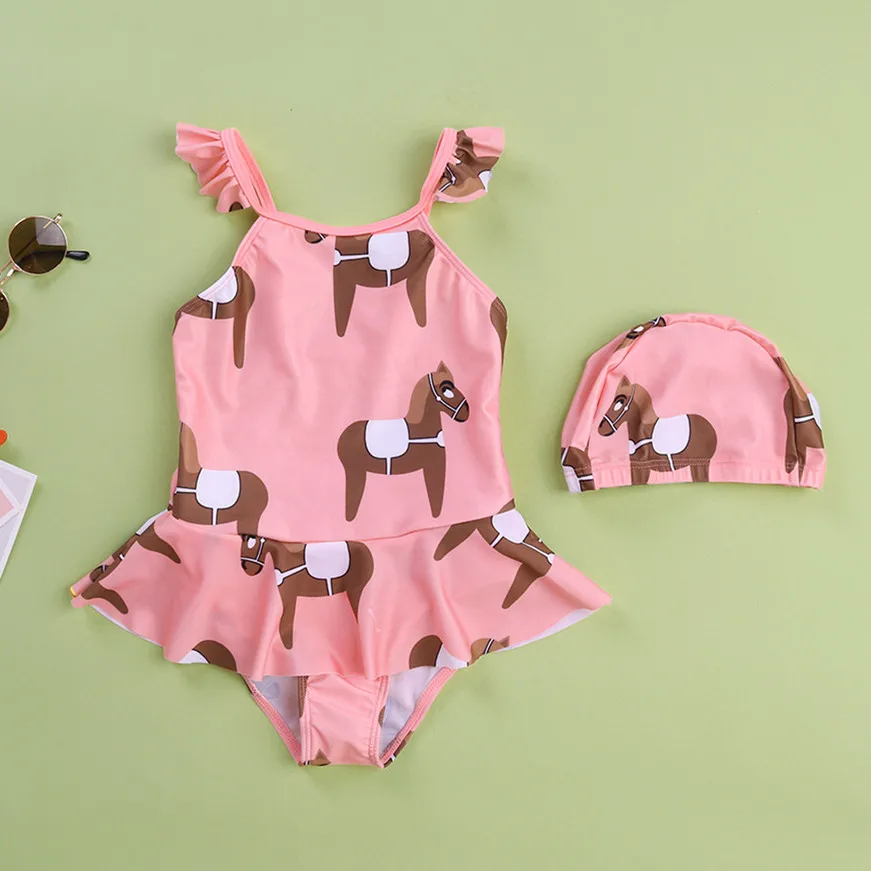 

Funfeliz Toddler Girls Swimwear Cute Pony Kids Swimsuit with Swimming Cap Children Swimming Suit One Piece swim wear 1-6Y