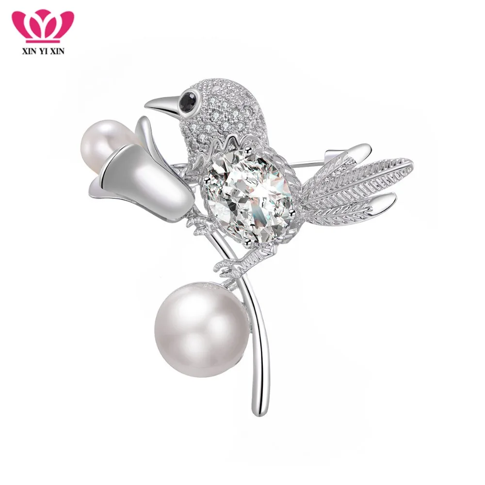 

Little Bird with Flower Brooch Women Cubic Zirconia Pearl Exquisite Pin Charm Collar Dress Accessories Christmas Birthday Gift