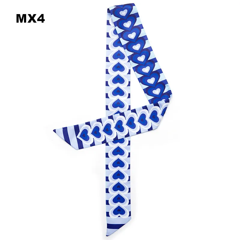 Женский шелковый шарф с принтом сердец длинный тонкий маленькой ручкой и лентой