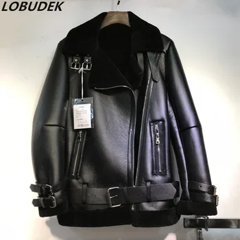 

Apricot Black PU Leather Flocking Coat Cotton-padded Clothes Winter Thick Warm Faux Leather Outerwear Oversize Loose Overcoat