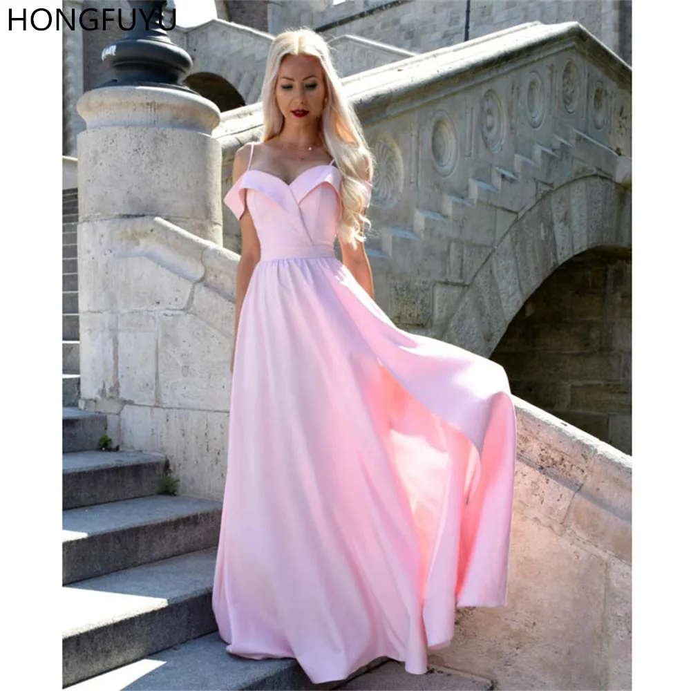 

HONGFUYU 2019 A-line Pink Prom Dresses Vestidos Evening Dress Spaghetti Straps Satin Formal Occasion Gowns Party robe de soiree