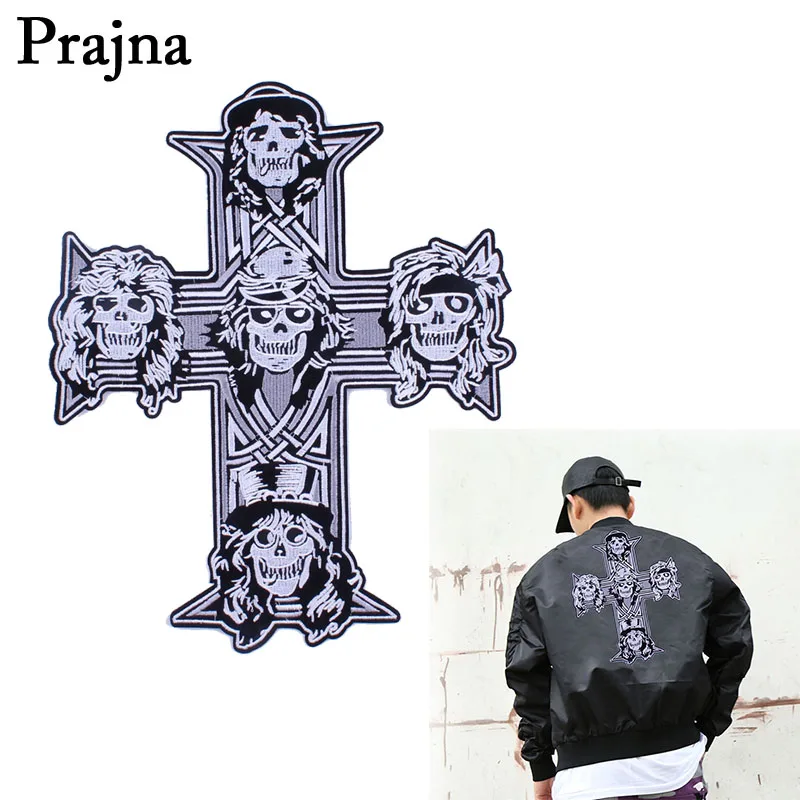 

Prajna Large Punk Skull Embroidered Patches For Jeans Decor Cross Biker Patches Motorcycle Men Rock Jacket Back Stickers Diy D