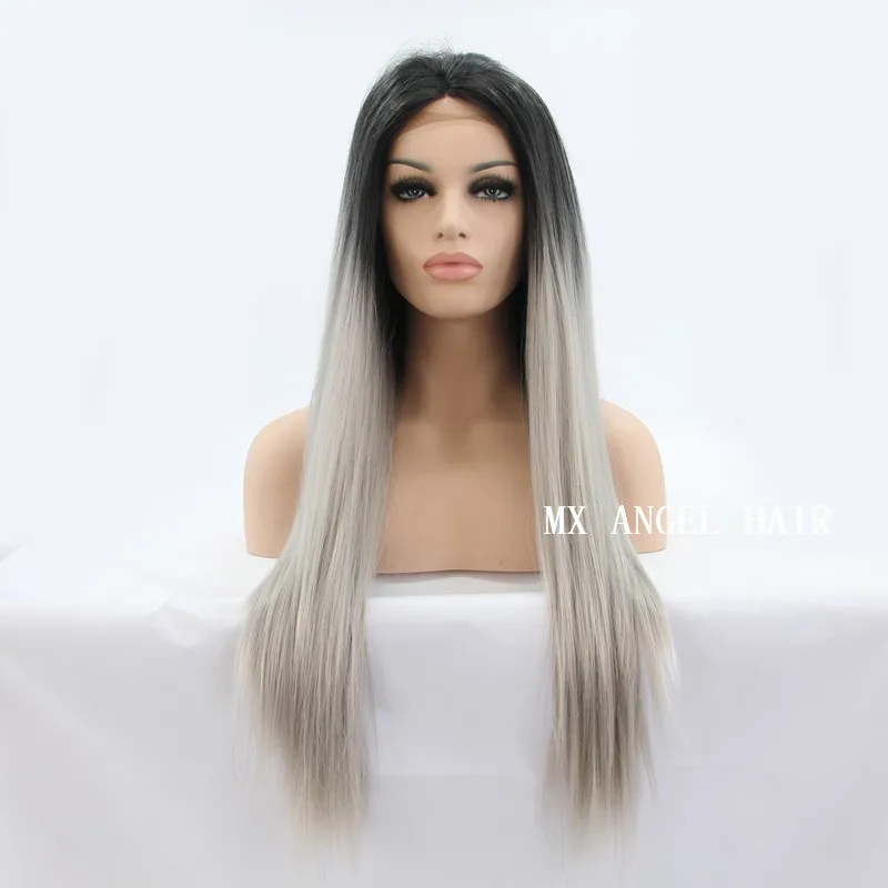 High Quality Ombre Black Grey Wig Extra Long Straight Synthetic Lace