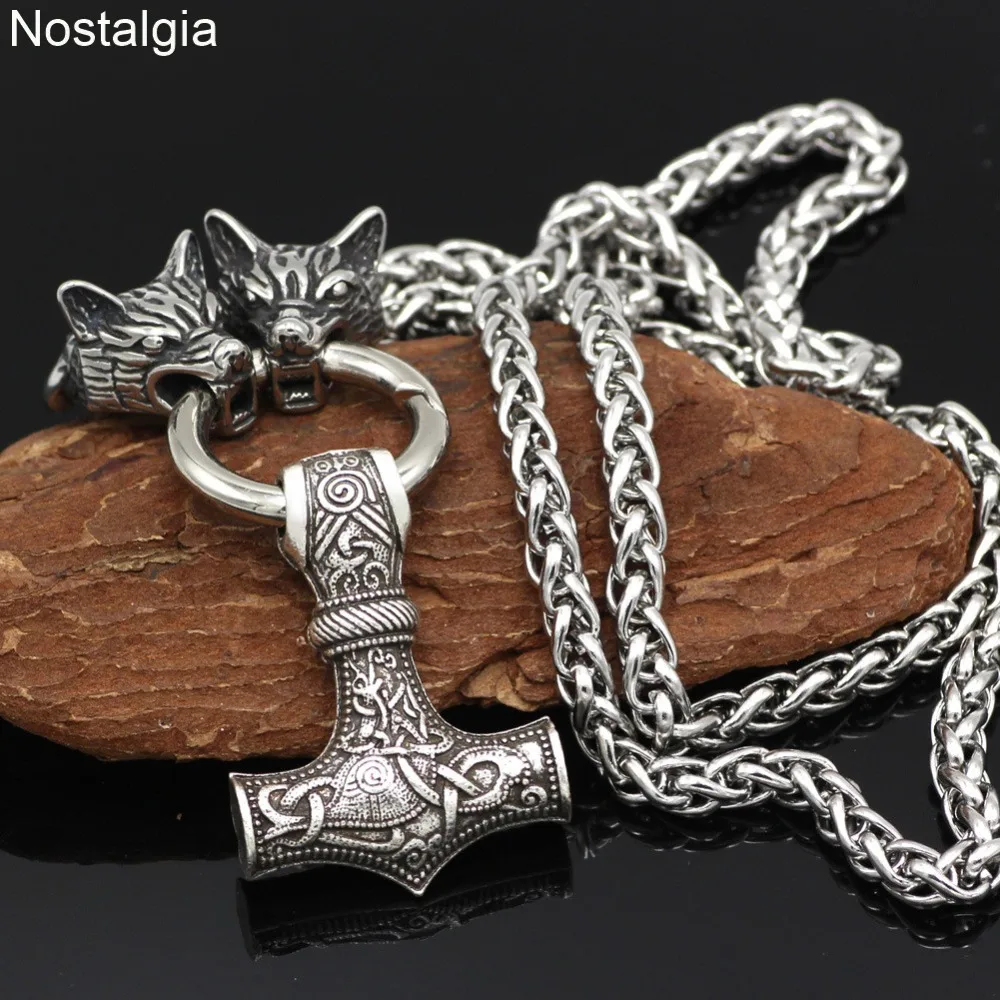 

Nostalgia Thor Hammer Mjolnir Pendant Norse Jewelry Stainless Steel Wolf Head Chain Necklaces Witchcraft