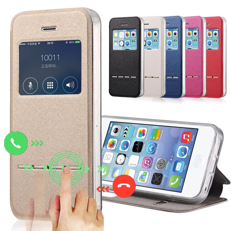 

Luxury Window View Case For iPhone 5C Flip Matte PU Leather+TPU Back Cover Coque On 5C Magnetic Sliding Answer Calls