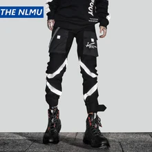 Мужские брюки-карго в стиле хип-хоп со светоотражающими полосками, мужские брюки для бега с карманами, уличная одежда, мужские Harajuku мужские брюки с эластичной талией и цепочкой HW318