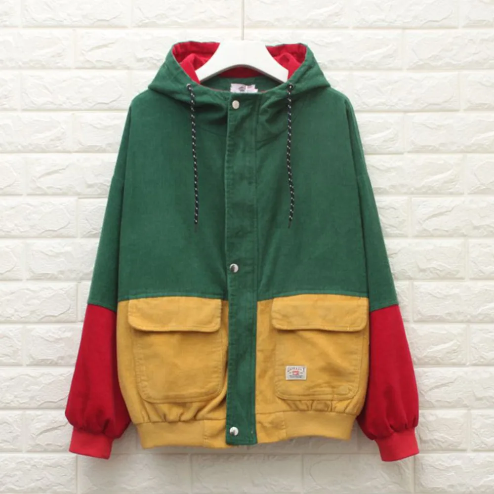 

Women Unisex Color Block Patchwork Corduroy Hooded Jacket Hip Hop Coat Oversized