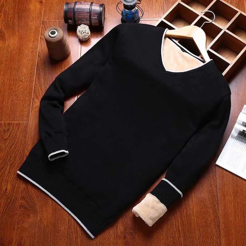 

100% Cotton Sweater Dress Mens Pullovers V-neck Casual Long Sleeve Thick Sweaters Fit Knitting Solid Pullover Men Plus Size 3XL