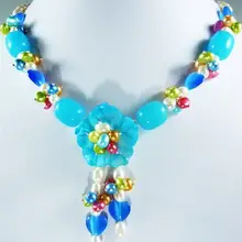 Гавайи стиль разноцветные Жемчуг Голубой Опал Ожерелье 1" и shell Цветок застежка