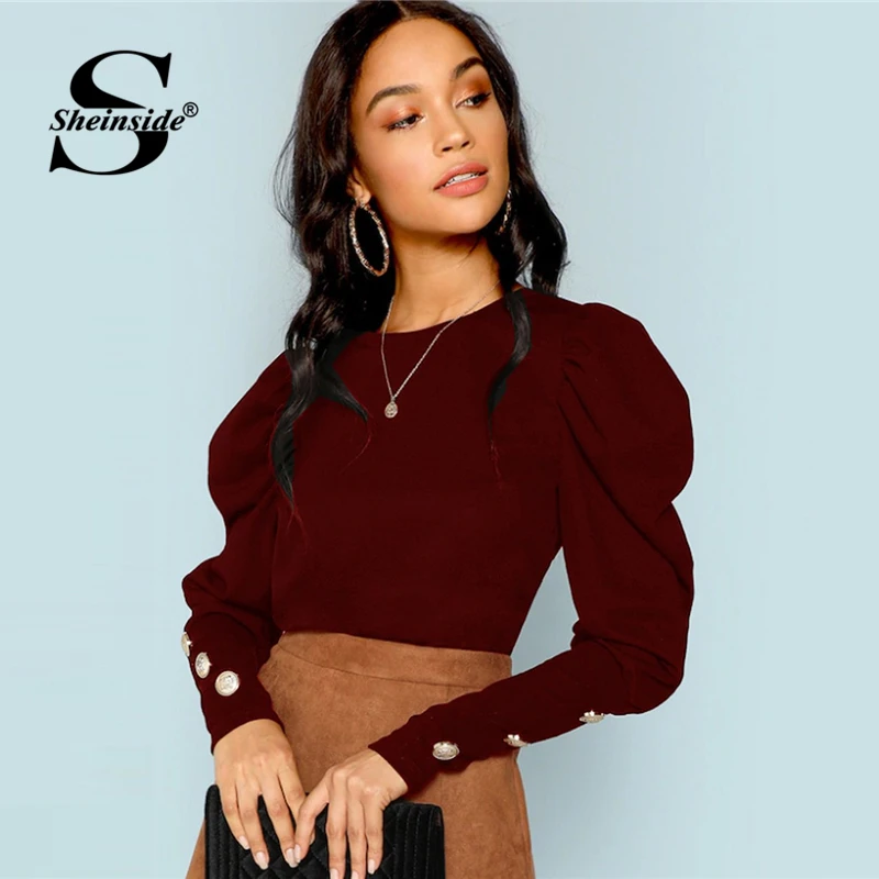 

Sheinside Elegant Long Sleeve Women T-shirt Puff Sleeve With Button Detail Tee Shirt Burgundy Ladies Tops & Tees Autumn Shirts