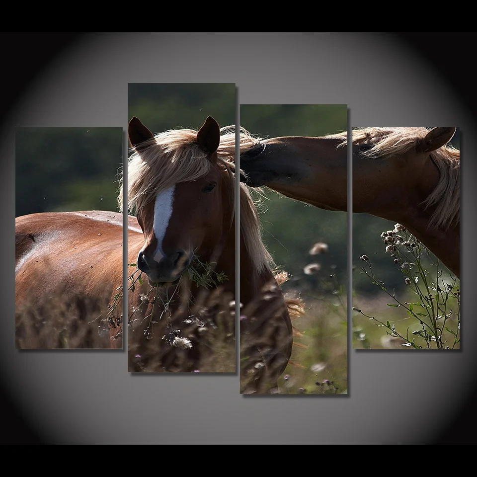 4 Panel Canvas Art Canvas Painting Tender Horse Grass Field Hd Printed