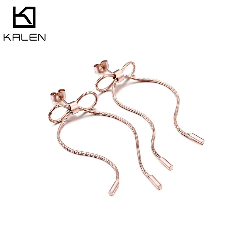 

KALEN Fashion Simple Earring For Women Bohemia Mini Bowknot Snake Chain Long Dangle Earrings Rose Gold Stainless Steel Jewelry
