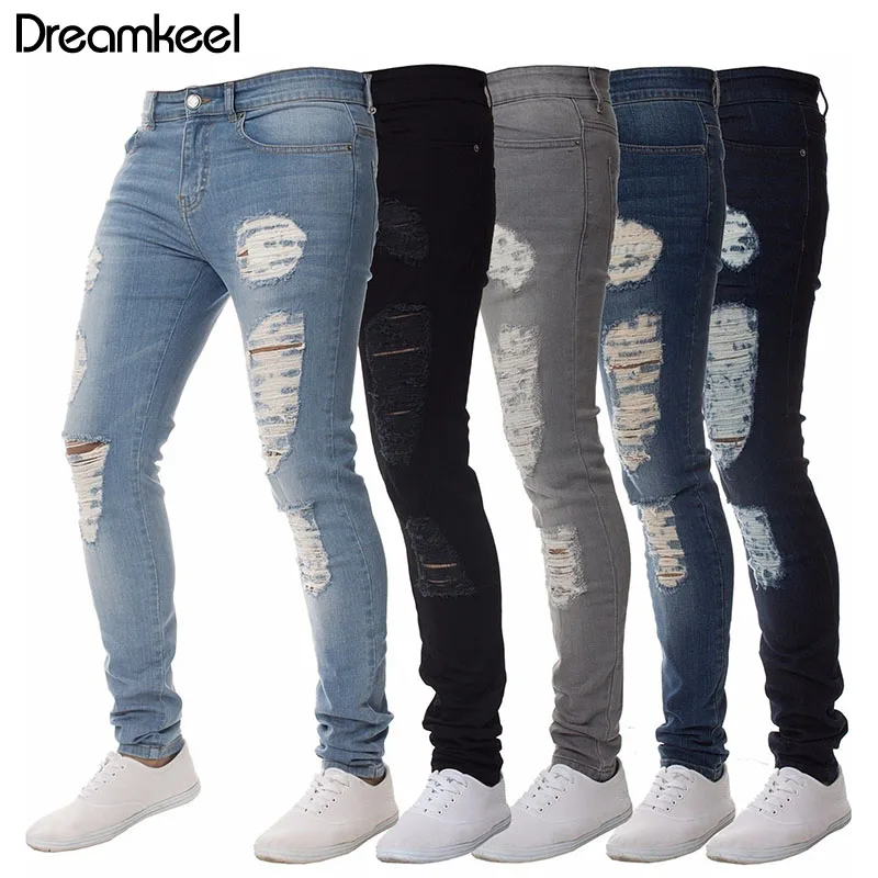 

2019 Brand Designer Slim Fit Washed Jeans Street Mens Distressed Denim Hip Hop Jeans Pure Color Knee Holes Ripped Jeans Men Y