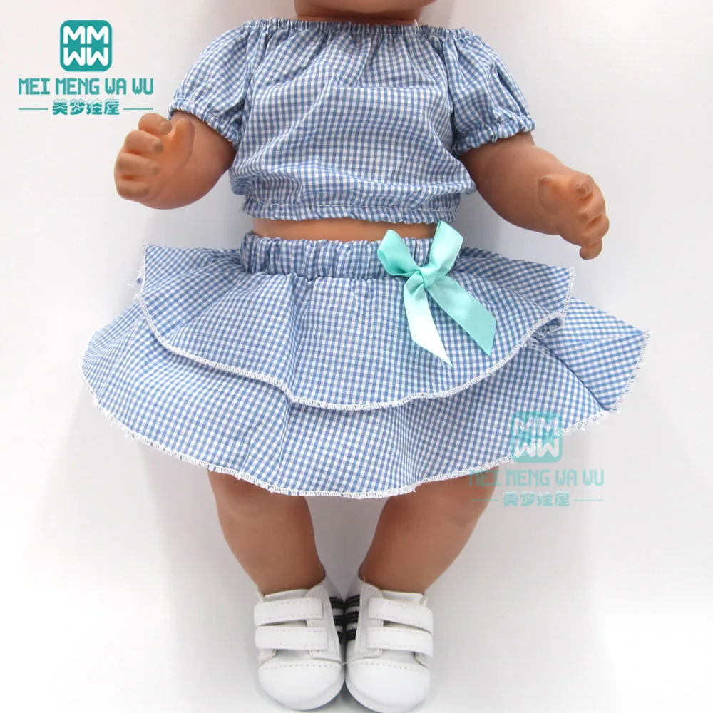 Doll clothes for 43cm baby new born doll and american doll blue plaid dress shoes