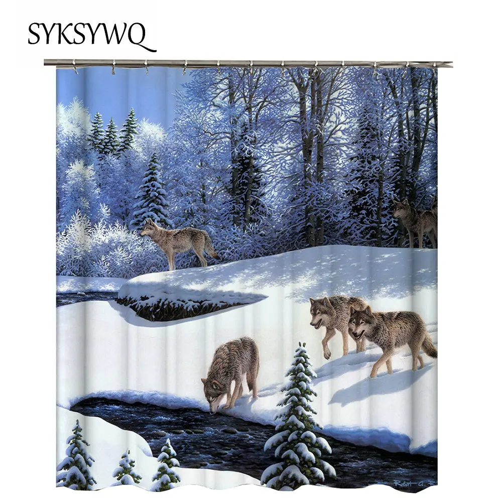 Forest Wolf Bathroom Curtain Polyester Fabric Winter Snower Shower | Дом и сад