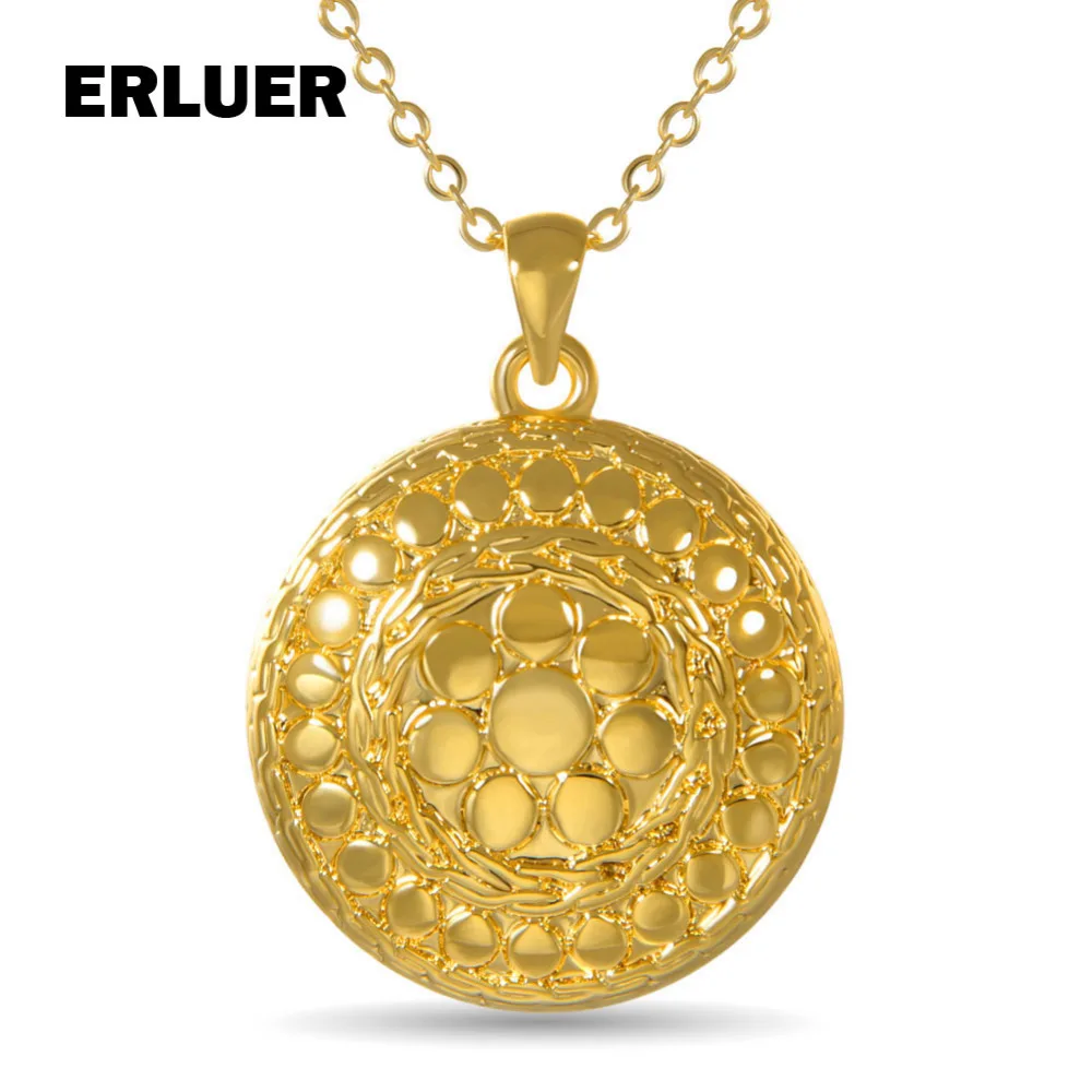 

ERLUER Fashion Yellow Gold Color Carving Flower Pendant Charm Necklace For Women Jewelry Link Chain Round Necklaces Colar Gifts