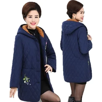 

Middle-aged Women's Embroidered Cotton Coat Womens Long Winter Coat Mother Cotton Parkas Female Thicken Warm Cotton Jacket Coat