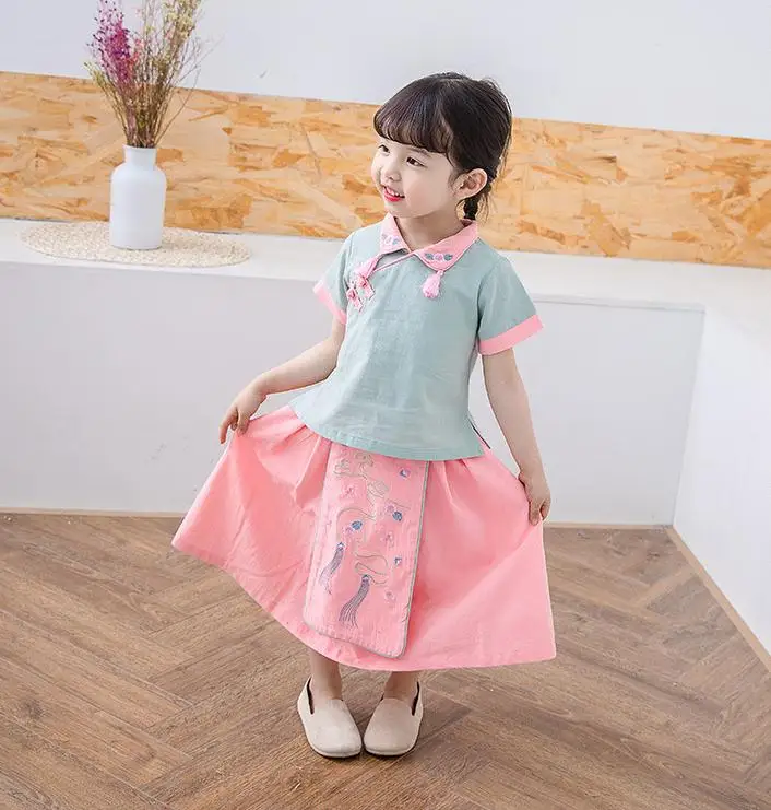 Милый китайский традиционный стиль Девушки хан фу 2 шт хлопок белье наборы новые летние дети Cheongsam Qipao принцесса платье - Цвет: Style 1