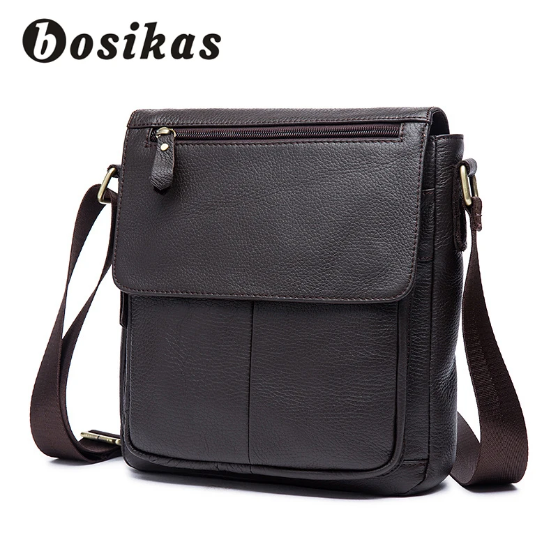 

BOSIKAS Genuine Leather Messenger Bag Men's Bags Crossbody Bag Fashion Flap Cow Leather Small zipper Men's Business Shoulder Bag