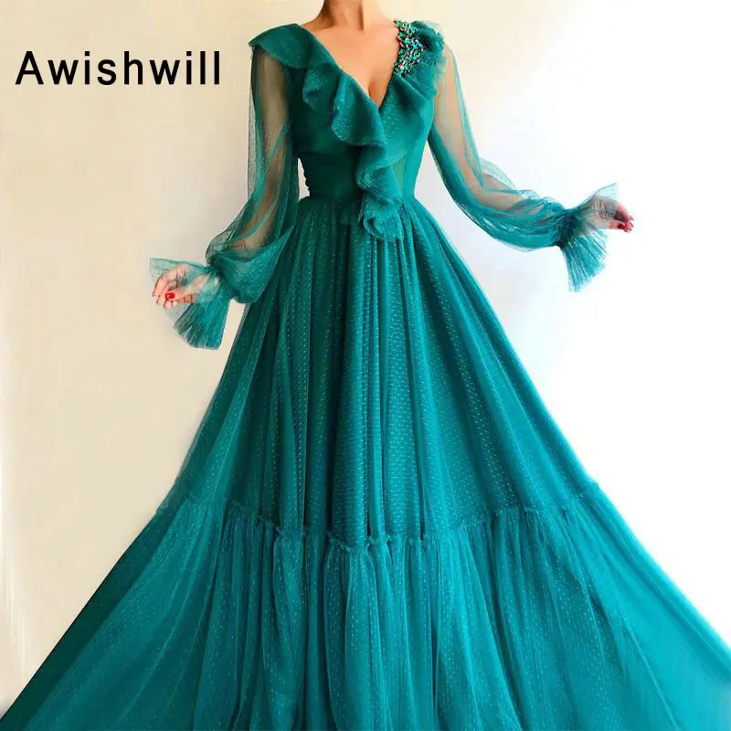 1 Long Elegant Evening Dress 2019 A-line Long Sleeve Arabic Style Women Formal Evening Gowns