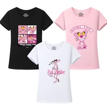 Новая летняя розовая Женская футболка с рисунком Пантеры, женские топы в Корейском стиле, тонкая футболка с круглым вырезом и коротким рукавом, 3 предмета